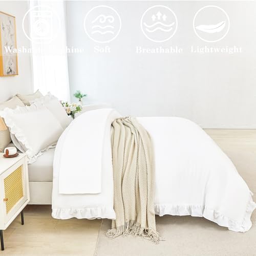 5Pcs Queen Comforter Sets White Ruffle Bedding Sets for Women Men Vintage Farmhouse Bed Sets Solid Elegance Bed in A Bag for All Season（White Queen）