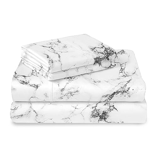 100% Cotton Marble Print California King Sheets Set 400TC White