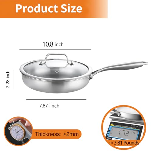 Tri ply Stainless Steel Frying Pan with Lid 10.3Inch
