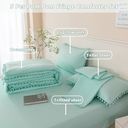 5 Piece Bed in A Bag Queen Size Mint Green Comforter Boho Pom Pom Bedding Comforter Set Soft Fluffy Solid Bedding Set with Sheet for Girls Adults
