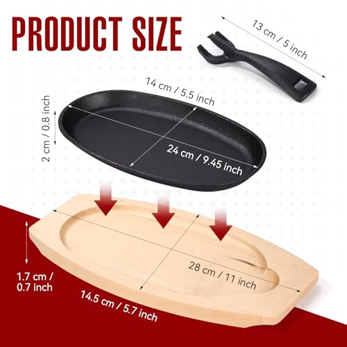 2 Pieces Oval Cast Iron Fajita Skillet Pan Set Small Sizzling Steak Plate with Wooden Base and Handle Cast Iron Fajita Skillet Sizzling Plate for Home Restaurant BBQ (2 Count)