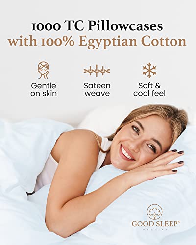 1000 TC Light Blue King Pillowcases Set of 4 100% Egyptian Cotton Pillow Cases with Long Staple Cotton & Sateen Weave (4 Count)