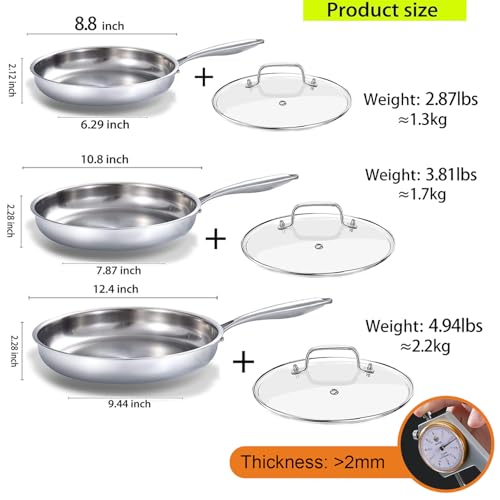 Tri ply Stainless Steel Frying Pan Set with Lid 8" 10" 12"