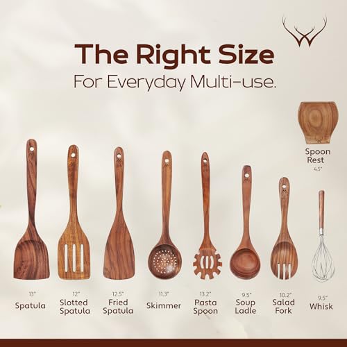 9 Pcs Teak Wooden Spoons for Cooking with Rest (9 Count)