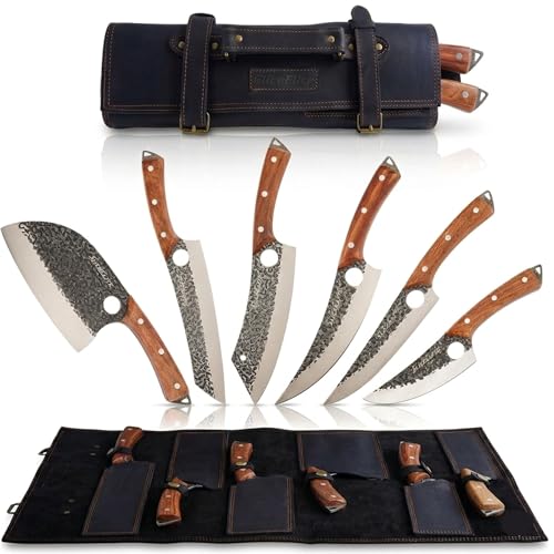 6PC Knife Set Leather Roll Cleaver Serbian Viking Boning Scimitar Kiritsuke (6 Count)