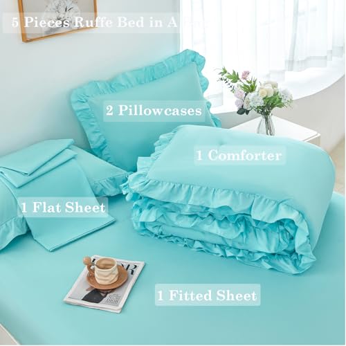 Aqua Blue Twin Size Comforter Sets for Teens Girls 5 Pieces Ruffle Bed in A Bag with Sheets Solid Elegance Bedding Comforter Sets for All Season