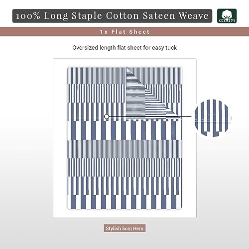 100% Cotton Cascade Stripe Print Twin XL Flat Sheet 400TC Navy