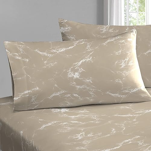 100% Cotton Marble Print Queen Pillowcases 400 Thread Count Taupe (2 Count)