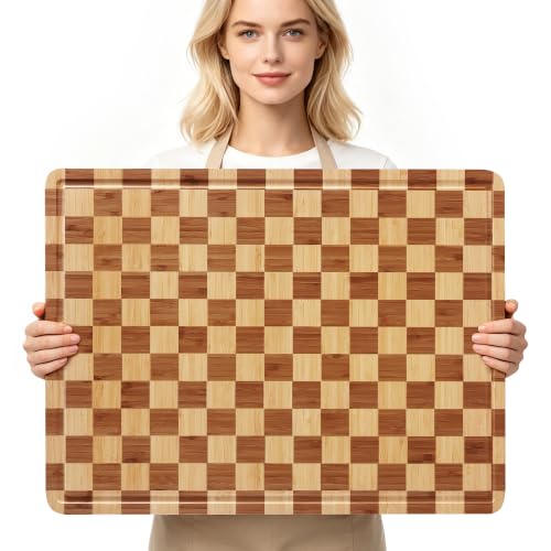 24”Extra Large Bamboo Cutting Boards for Kitchen Wooden Checkered Cutting Board Heavy Duty Butcher Block Healthy End Grain Charcuterie Board Non Slip XXXL Wood Over Sink Decorative Chopping Board