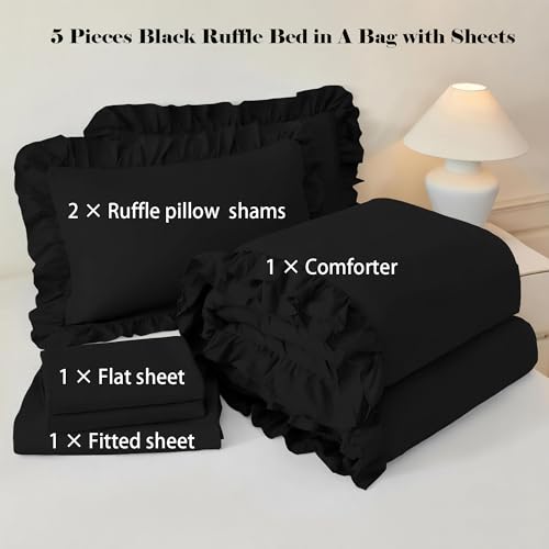 5Pcs Full Bed in A Bag Black Girls Ruffle Bedding Sets