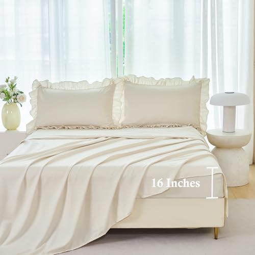 ANGIYUI 5Pcs Camel Ruffle Comforter Set Queen Size Boho Bedding Comforter Sets Vintage Farmhouse Bed Comforter Set Soft Fluffy Bed in A Bag for Gilrs Women