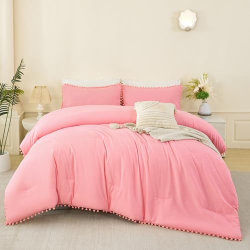 Coral Pink Comforter Set Twin Size 5 Pieces Pom Pom Fringe Solid Bedding Set for Girls Kids Bedroom Soft Fluffy Down Alternative Boho Bed in a Bag with Sheets