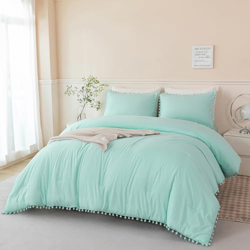 5 Piece Bed in A Bag Queen Size Mint Green Comforter Boho Pom Pom Bedding Comforter Set Soft Fluffy Solid Bedding Set with Sheet for Girls Adults