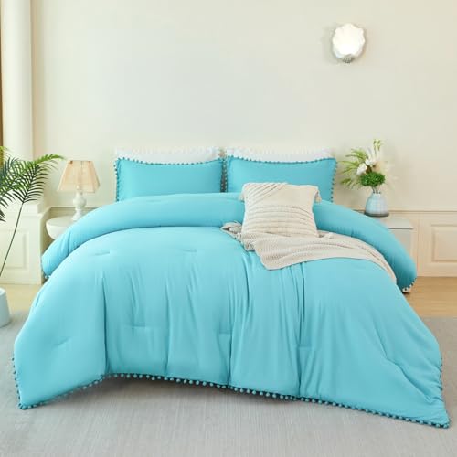 5 Pcs Twin Size Comforter Set Teal Blue Pom Pom Cute Bedding Comforters for Girls Kids Teen Soft All Season Fluffy Boho Solid Bed in A Bag with Sheet Set