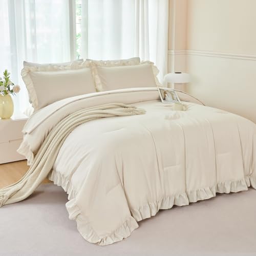 5 Pieces Camel Ruffled Full Size Bedding Sets for Kids Girls Shabby Boho Bed in A Bag Lightweight Fluffy Bed Comforter Sets with Sheets