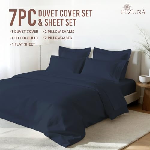Cotton Full Duvet Cover + Sheet Set 400 Thread Count Dark Blue