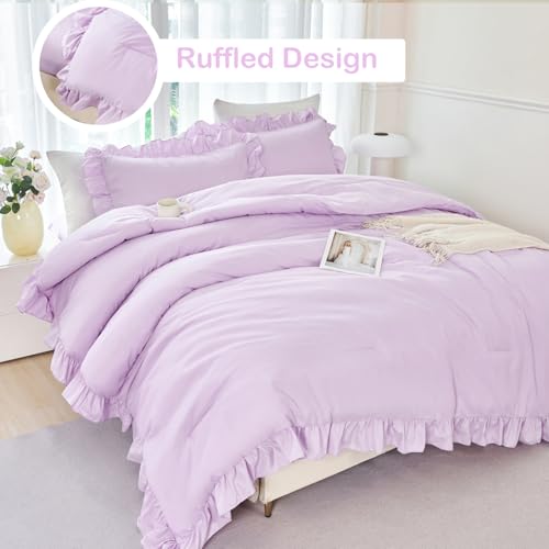 5 Pieces Purple Comforter Set Twin Lavender Ruffle Bed in A Bag with Sheet Sets Solid Color Farmhouse Bedding Sets Soft Microfiber Bed Sets for Girls Kids