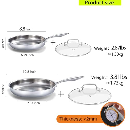 Tri ply Stainless Steel Frying Pan Set with Lid 8" 10"