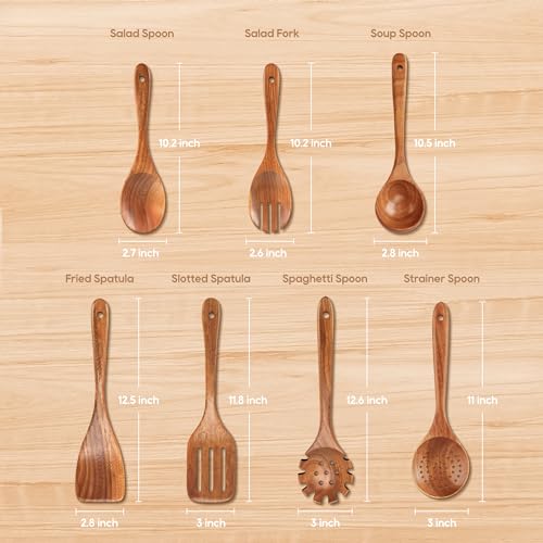 7 PCS Wooden Spoons for Cooking Natural Teak Kitchen Utensils Set (7 Count)