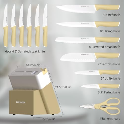 Kitchen Knife Set with Block and Sharpener 15 Piece Knives Set German High Carbon Stainless Steel Knives Sharp Blade Dishwasher Safe Deba Knives with Ergonomic Handle (15 Count)