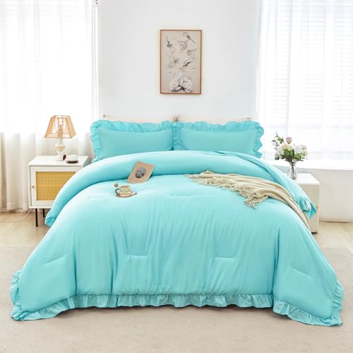 Aqua Blue Twin Size Comforter Sets for Teens Girls 5 Pieces Ruffle Bed in A Bag with Sheets Solid Elegance Bedding Comforter Sets for All Season