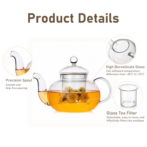 800ml(27oz) Borosilicate Glass Teapot with Removable Glass Infuser, Stovetop Safe Clear Tea Kettle for Blooming Tea & Loose Leaf Tea