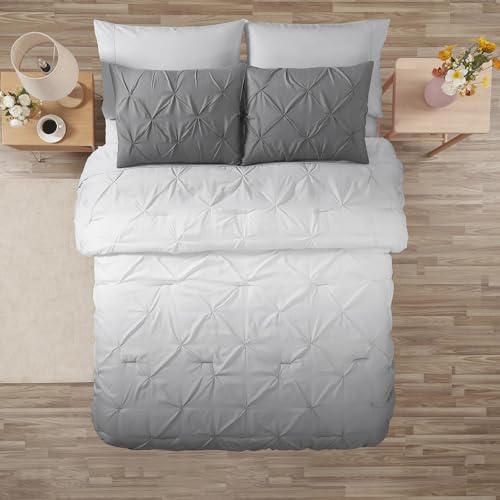 5 Piece Comforter Set Bed in a Bag Ombre Pintuck Design All Season Soft Down Alternative Bedding Comforter Set & Luxurious Matching Bed Sheets & Pillow Sham