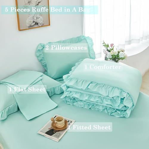 5 Pieces Mint Green King Bed in A Bag Ruffle Comforter Set