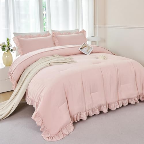 5 Pieces Blush Pink Ruffled Comforter Sets Full Farmhouse Bed in A Bag with Layer Ruffle Soft Lightweight Bedding Sets with Sheet Sets