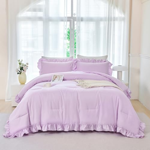 5 Pieces Purple Comforter Set Twin Lavender Ruffle Bed in A Bag with Sheet Sets Solid Color Farmhouse Bedding Sets Soft Microfiber Bed Sets for Girls Kids
