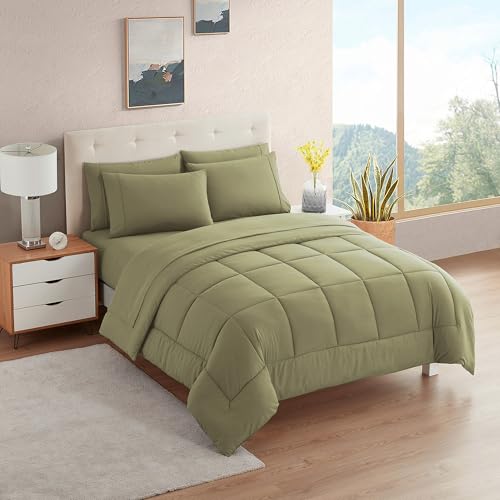 7 Piece Comforter Set Bag Solid Color All Season Soft Down Alternative Blanket & Luxurious Microfiber Bed Sheets