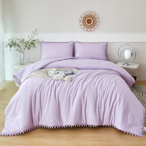 5 Pcs Girls Lavender Comforter Sets Full Boho Pom Pom Fringe Bedding Comforter with Sheet Set Soft Cute Purple Girls Bed in A Bag for All Season