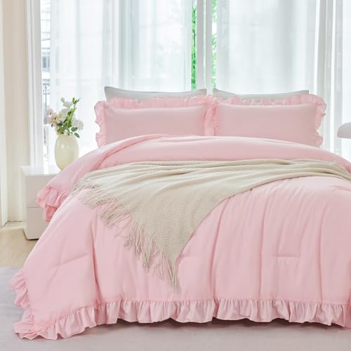 5 Pieces Pink Twin Size Comforter Set for Girls Ruffled Kids Bed in A Bag with Sheet Sets Farmhouse Shabby Bedding Sets with Ruffle Soft Fluffy Bed Sets