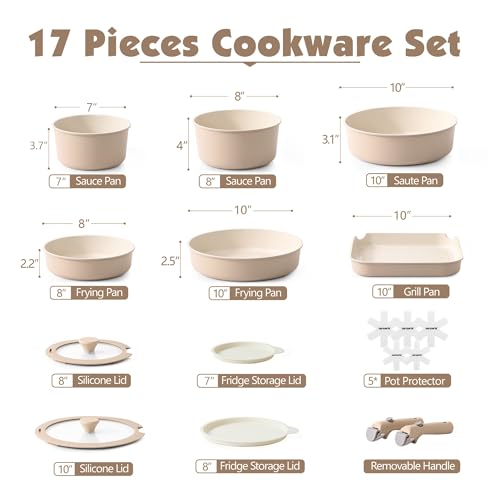 17 Piece Ceramic Detachable Handle Pots and Pans Set Almond Beige