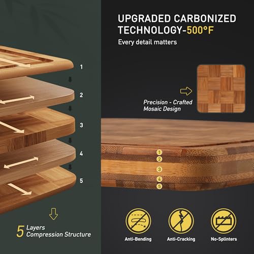 3 Pack Bamboo Cutting Board Set Non Toxic Wooden Cutting Board for Kitchen Non Slip Solid End Grain Thick Wood Juice Groove Chopping Board Edge Grain Teak Smart Marble Flexible Round Stone Metal (3 Count)