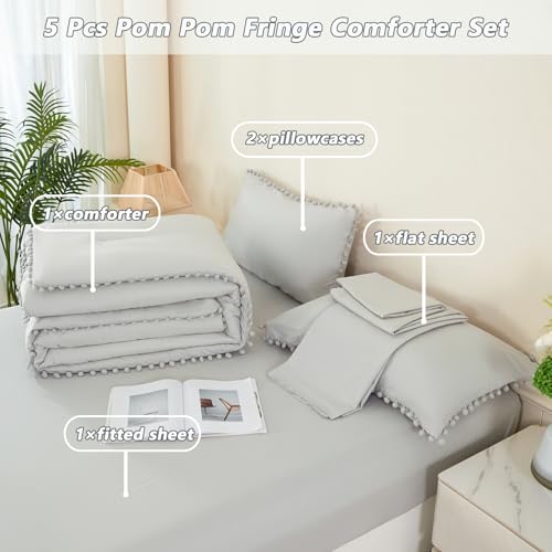 5 Pieces Light Grey Bed in A Bag Queen Set Boho Pom Pom Bedding Set for Boys Girls Ultra Soft Fluffy Solid Bed in A Bag with Comforter and Sheets for All Season Use