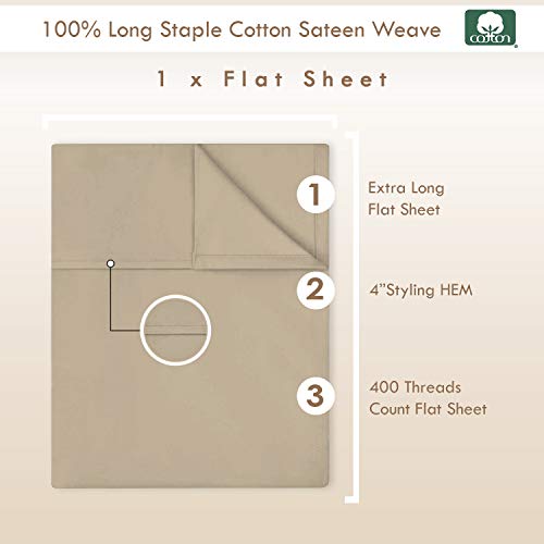 100% Cotton Twin XL Flat Sheet 400 Thread Count Simply Taupe