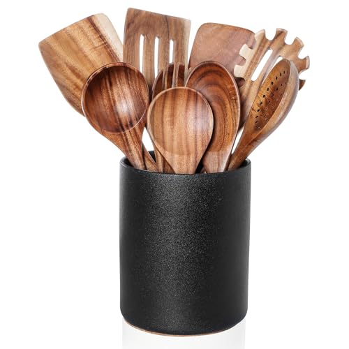 Wooden Cooking Utensils Set with Ceramic Holder (10 Count)