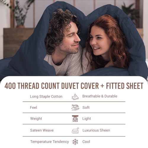 100% Cotton Queen Duvet Cover Set + Fitted Sheet 400TC Dark Blue