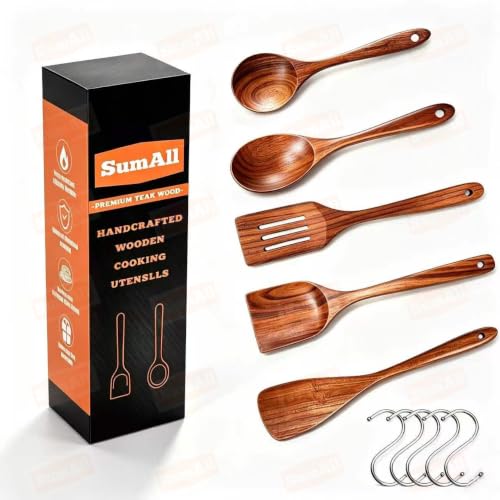 5 PCs Teak Wooden Utensil Set with Hooks (5 Count)