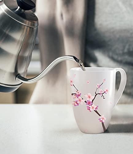 Tea Cup with Infuser and Lid for Steeping Loose Leaf Tea Bag Coffee Milk Women Office Home Gift 16oz Peach Blossoms