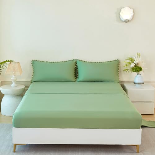 Green Bedding Set Full Size 5 Pieces Boho Pom Pom Fringe Bed in A Bag for Girls Kids Soft Lightweight All Season Solid Comforter Set for Bedroom