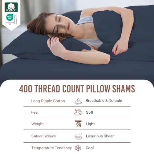 100% Cotton Standard Pillow Shams 400 Thread Count Dark Blue (7.5 Count)