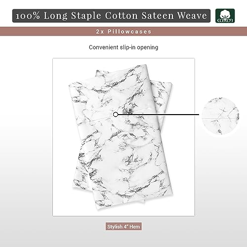 100% Cotton Marble Print King Pillowcases 400TC White (2 Count)