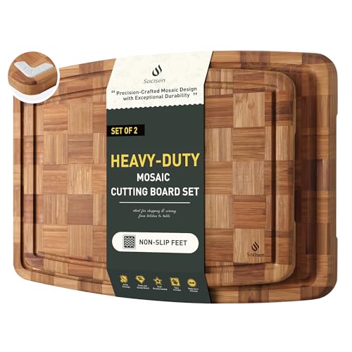 2 Pack Heavy Duty Bamboo Cutting Board Set Non Slip Over Sink Solid Thick Wood Chopping Board End Grain Extra Large Big Small Best Organic Hardwood Wooden Kitchen Essential New Home Housewarming Gift (2 Count)