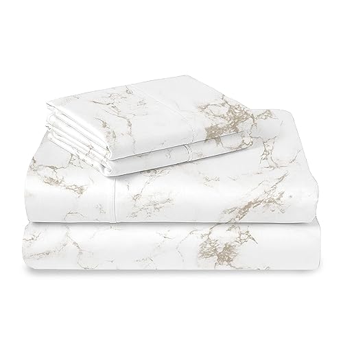 100% Cotton Carrara Marble Print RV Queen Sheets Set 400TC Taupe