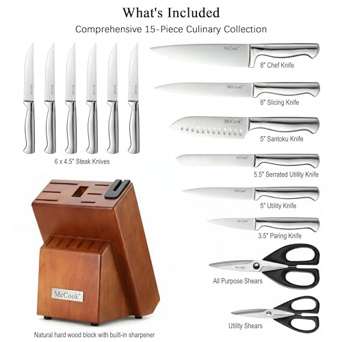 Kitchen Knife Set 15PC Knife Block Set w Built (15 Count)