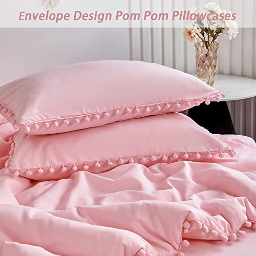 Girls Pink Comforter Set King Size Boho Farmhouse Pom Pom Light Pink Bed Sets Soft Washed Microfiber Lightweight Bed in a Bag for All Seasons