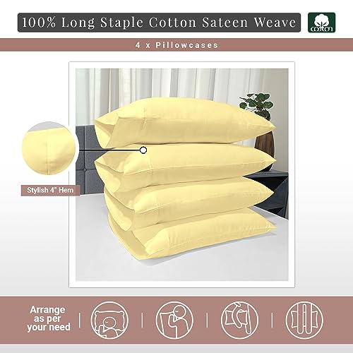 Cotton 4PC Queen Size Pillowcases 400 Thread Count Mellow Yellow (2 Count)