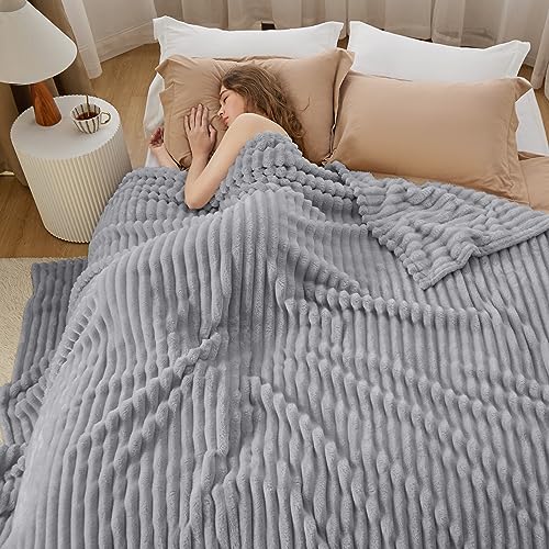 Full Size Fleece Blankets for Bed Light Grey 84"x90"